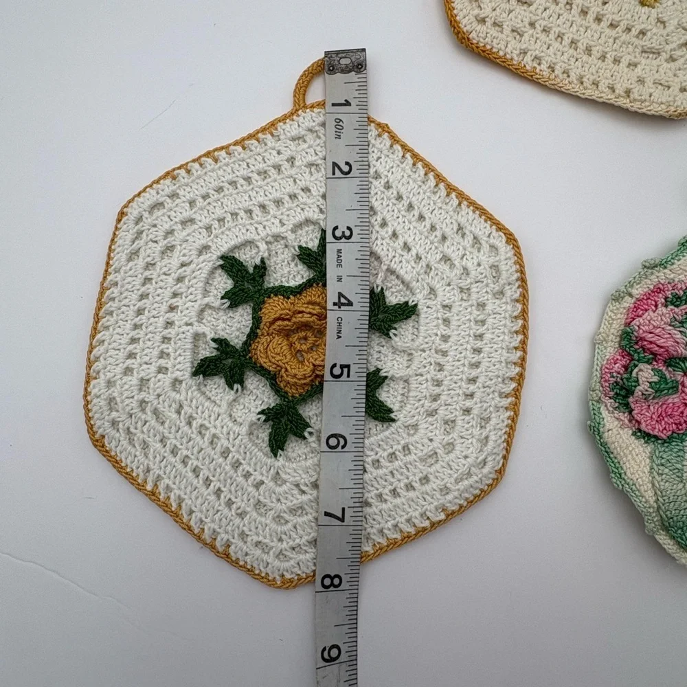 Theee Vintage Handmade Crochet Floral Pot Holders